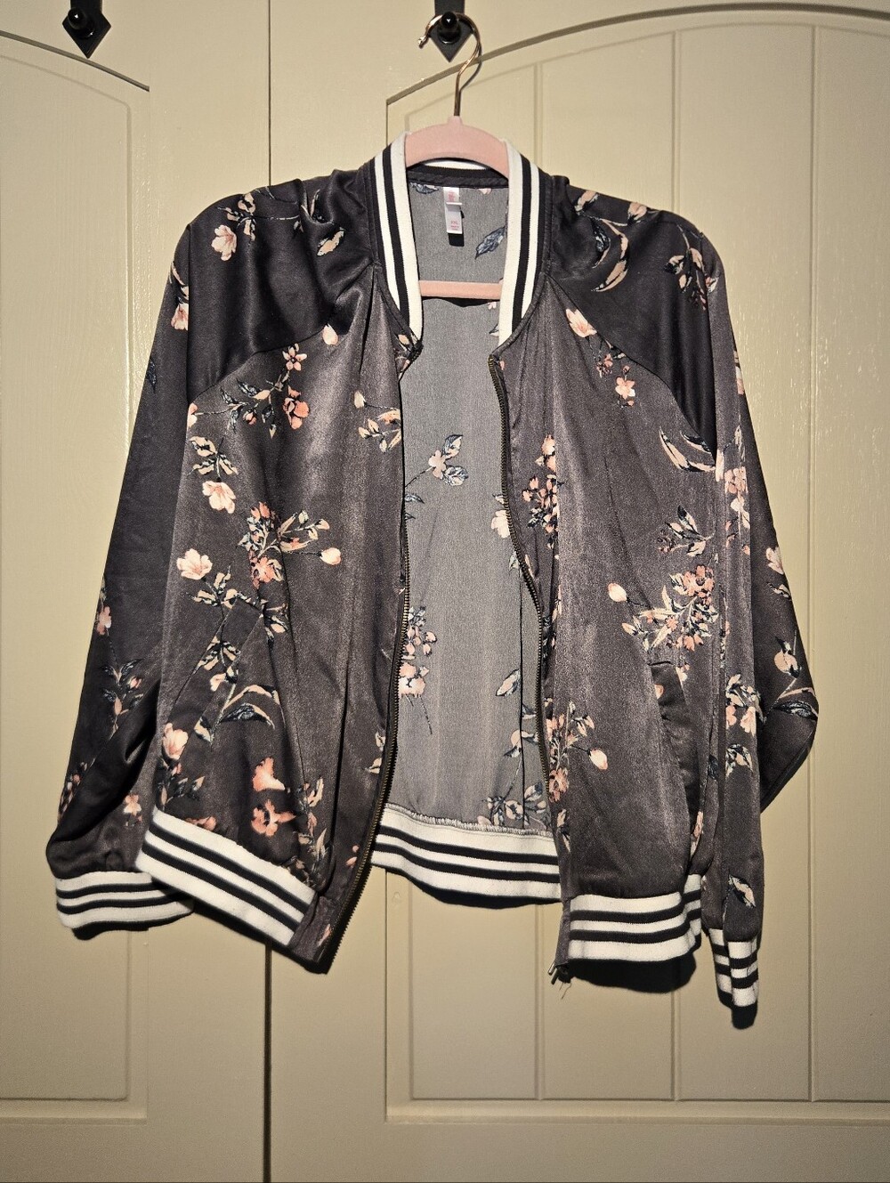 Floral Satin Bomber Jacket - Charcoal Gray